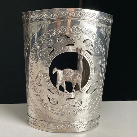 Vintage Sterling Silver Ethnic Lama Alpaca Etched Wide Bangle Boho Cuff